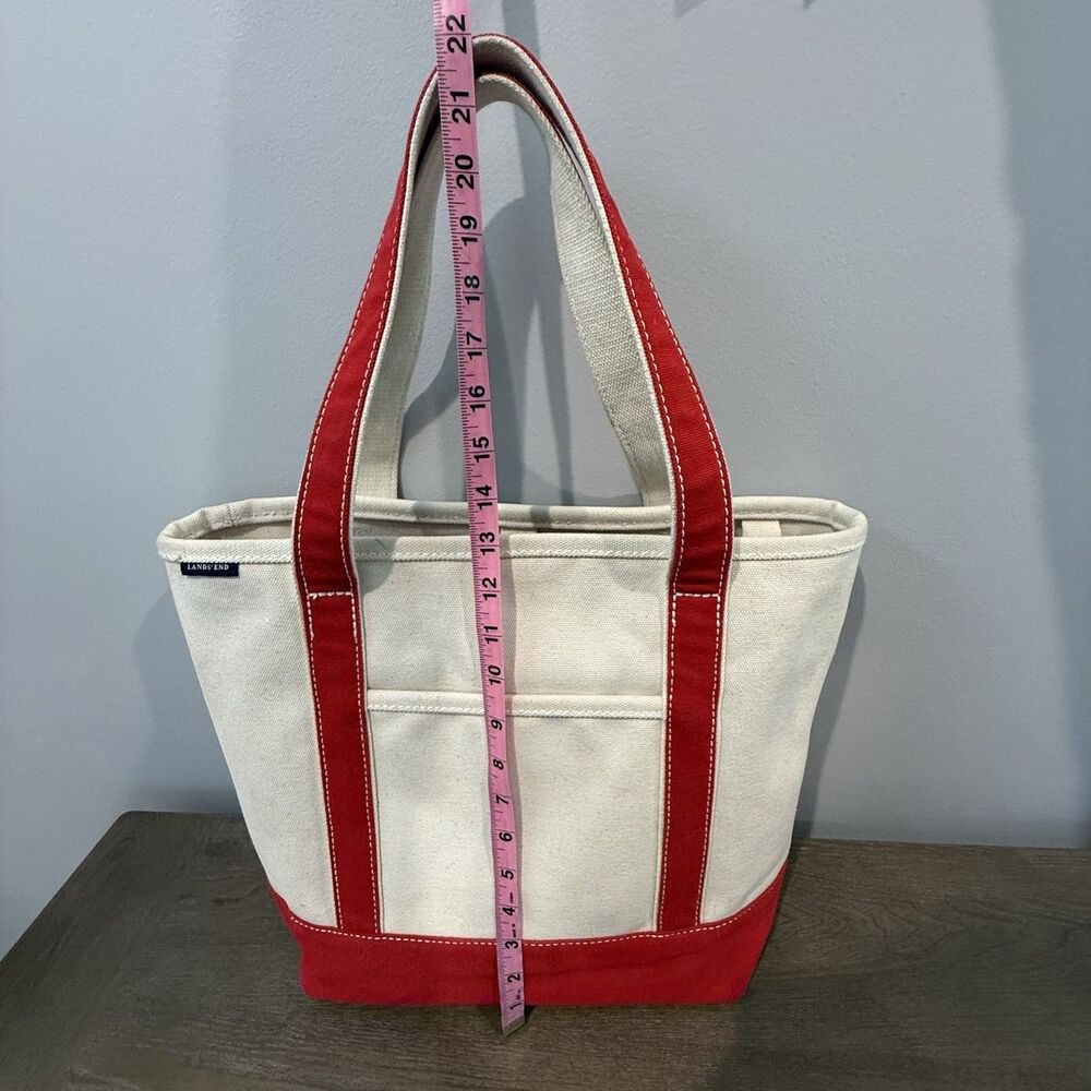 Lands End Open Top Canvas Tote Bag M Shoulder Red Natural Cotton Preppy Sturdy - Picture 16 of 16